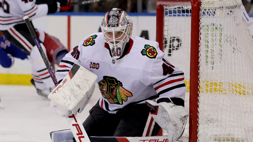 Mar 27, 2026; New York, New York, USA; Chicago Blackhawks goaltender Arvid Soderblom (40) tends net against the New York Rangers during the second period at Madison Square Garden. Mandatory Credit: Brad Penner-Imagn Images