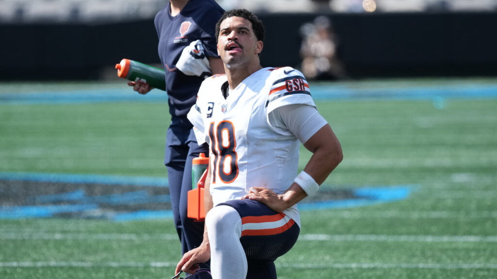 Sep 13, 2026; Charlotte, North Carolina, USA; Chicago Bears quarterback Caleb Williams (18) looks on during the second half against the Carolina Panthers at Bank of America Stadium. Mandatory Credit: Jim Dedmon-Imagn Images
