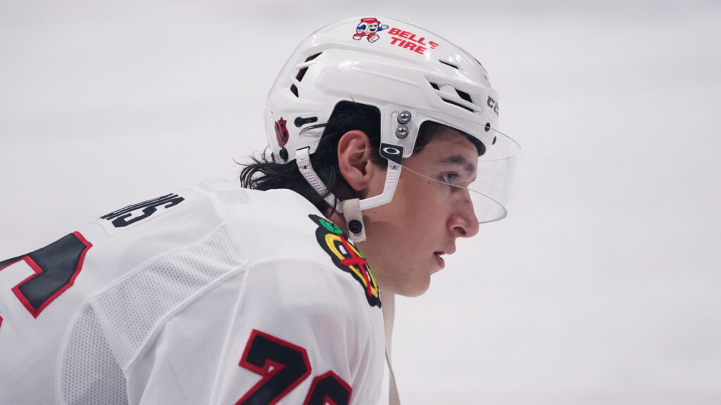 Apr 6, 2026; San Jose, California, USA; Chicago Blackhawks left winger Nick Lardis (76) warms up before the game against the San Jose Sharks at SAP Center at San Jose. Mandatory Credit: David Gonzales-Imagn Images