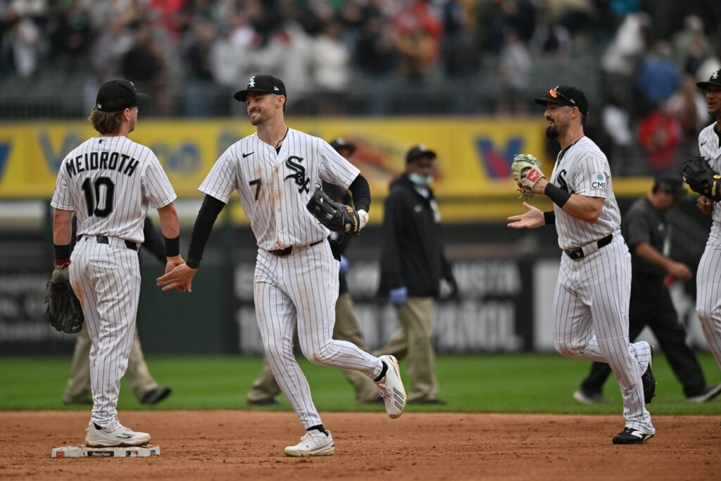 Sep 19, 2026; Chicago, Illinois, USA; Chicago White Sox center fielder Brenton Doyle (7) celebrates with second baseman Chase Meidroth (10) after defeating the Detroit Tigers at Rate Field.
