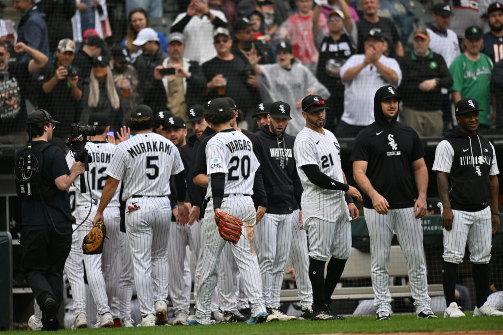 Sep 19, 2026; Chicago, Illinois, USA; The Chicago White Sox celebrate after defeating the Detroit Tigers at Rate Field.