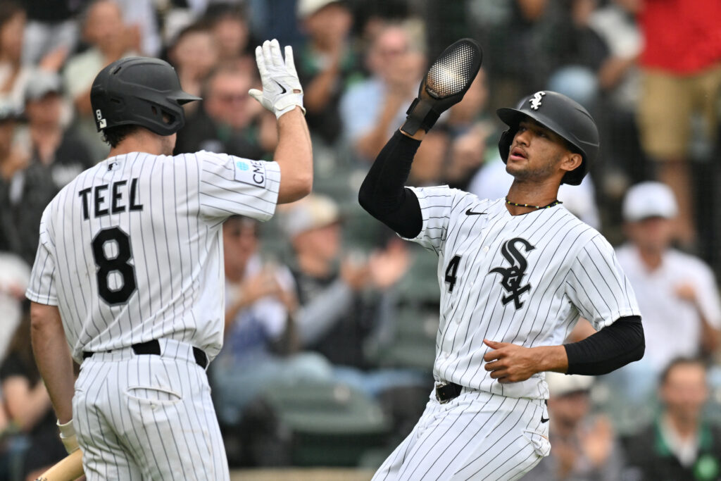 Sep 19, 2026; Chicago, Illinois, USA; Chicago White Sox right fielder Braden Montgomery (24) celebrates with catcher Kyle Teel (8) after scoring against the Detroit Tigers during the fifth inning at Rate Field.