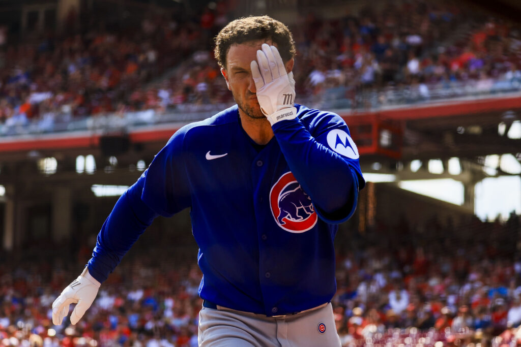 Sep 20, 2026; Cincinnati, Ohio, USA; Chicago Cubs third baseman Alex Bregman (3) runs off the field after getting hit by a foul ball in the fourth inning against the Cincinnati Reds at Great American Ball Park.