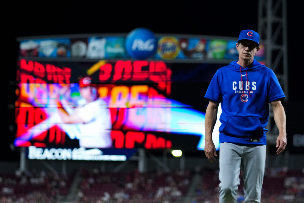 Sep 18, 2026; Cincinnati, Ohio, USA; Chicago Cubs manager Craig Counsell (11) walks to the dugout during the game against the Cincinnati Reds in the sixth inning at Great American Ball Park.