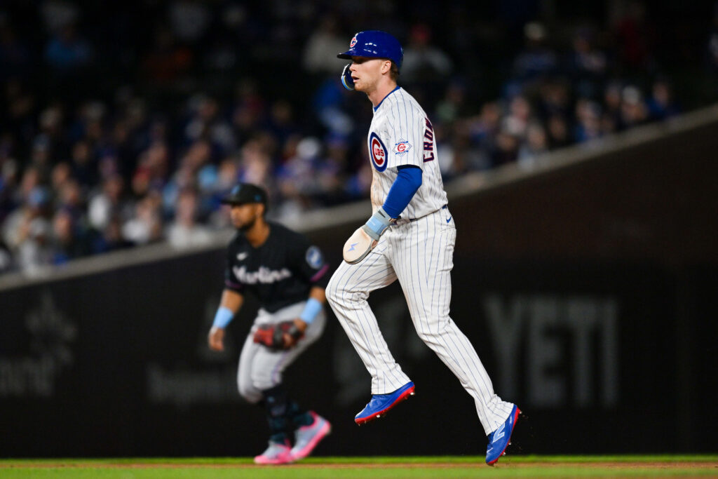 Sep 22, 2026; Chicago, Illinois, USA; Chicago Cubs center fielder Pete Crow-Armstrong (4) reacts after sliding into second base for the steal against the Miami Marlins during the third inning at Wrigley Field.