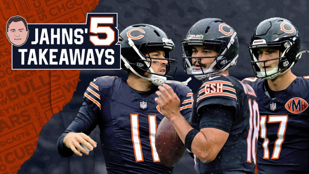 Chicago Bears quarterbacks Cade Keenum (11), Caleb Williams (18) and Tyson Bagent (17)