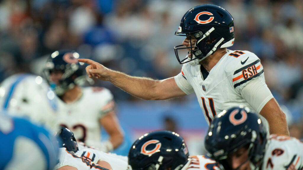 Chicago Bears quarterback Case Keenum (11) directs his team against Tennessee during their preseason game at Nissan Stadium Saturday, Aug. 29, 2026.