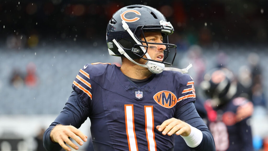 Oct 19, 2025; Chicago, Illinois, USA; Chicago Bears quarterback Case Keenum (11) practices against the New Orleans Saints before the game at Soldier Field. Mandatory Credit: Mike Dinovo-Imagn Images