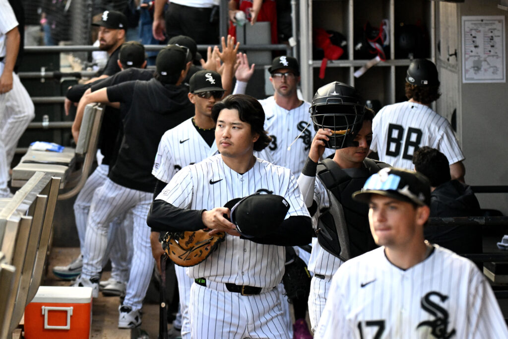 Sep 27, 2026; Chicago, Illinois, USA; Chicago White Sox first baseman Munetaka Murakami (5) is seen in the dugout after the game against the Colorado Rockies at Rate Field.