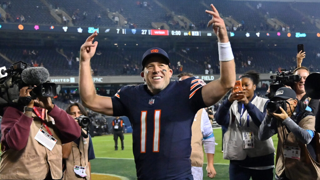 Sep 28, 2026; Chicago, Illinois, USA; Chicago Bears quarterback Case Keenum (11) celebrates after the game against the Philadelphia Eagles at Soldier Field. Mandatory Credit: Patrick Gorski-Imagn Images