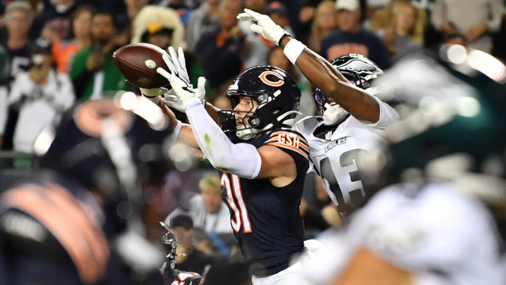 Sep 28, 2026; Chicago, Illinois, USA; Chicago Bears safety Dillon Thieneman (31) intercepts the ball against Philadelphia Eagles wide receiver Dontayvion Wicks (13) during the first half at Soldier Field. Mandatory Credit: Patrick Gorski-Imagn Images