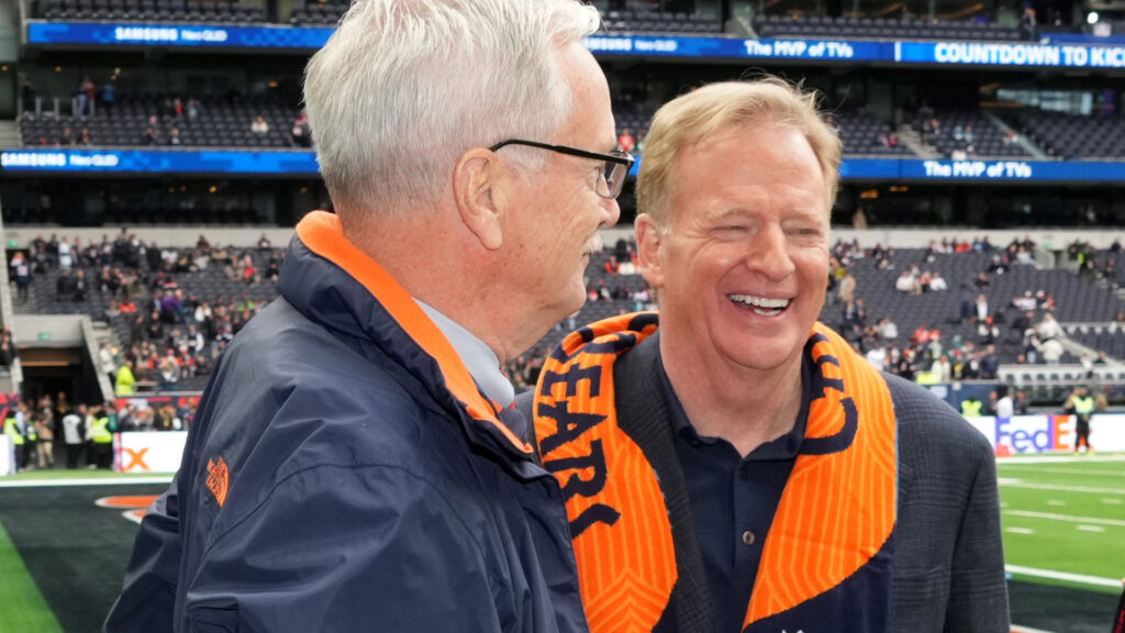 Oct 13, 2024; London, United Kingdom; Chicago Bears chairman George McCaskey. (left) and NFL commissioner Roger Goodell embrace during an NFL International Series game at Tottenham Hotspur Stadium. Mandatory Credit: Kirby Lee-Imagn Images