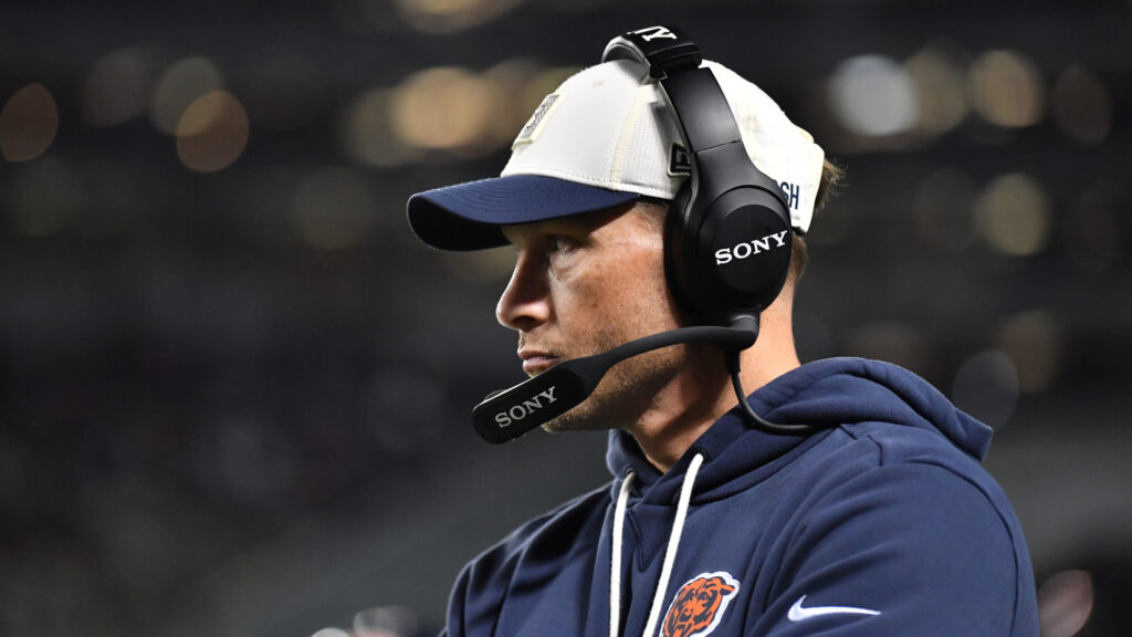 Sep 28, 2026; Chicago, Illinois, USA; Chicago Bears head coach Ben Johnson looks on during the first half against the Philadelphia Eagles at Soldier Field. Mandatory Credit: Patrick Gorski-Imagn Images