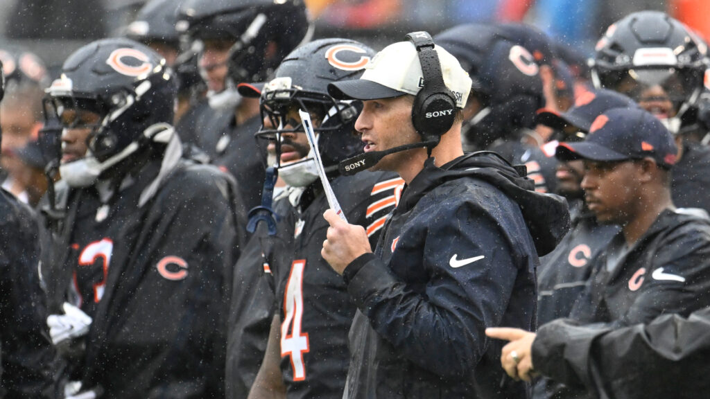 Sep 20, 2026; Chicago, Illinois, USA; Chicago Bears head coach Ben Johnson directs the team during the second half against there Minnesota Vikings at Soldier Field. Mandatory Credit: Matt Marton-Imagn Images