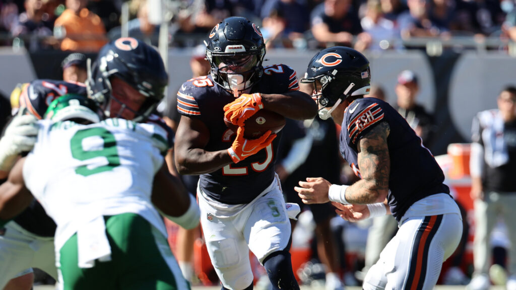 Oct 4, 2026; Chicago, Illinois, USA; Chicago Bears running back Roschon Johnson (23) runs with the ball against the New York Jets during the third quarter at Soldier Field. Mandatory Credit: Mike Dinovo-Imagn Images