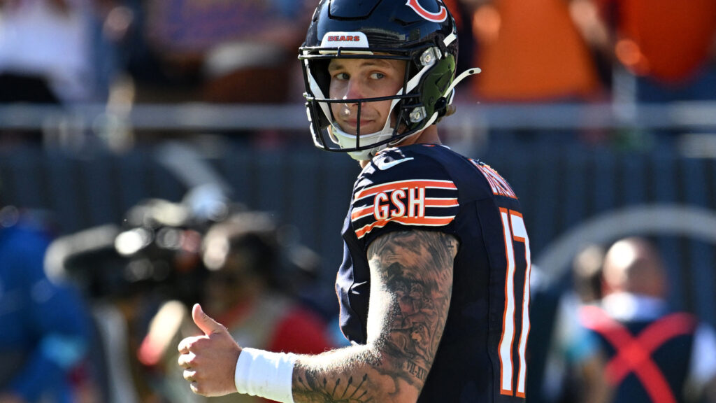 Oct 4, 2026; Chicago, Illinois, USA; Chicago Bears quarterback Tyson Bagent (17) gives a thumbs up after the game against the New York Jets at Soldier Field. Mandatory Credit: Matt Marton-Imagn Images
