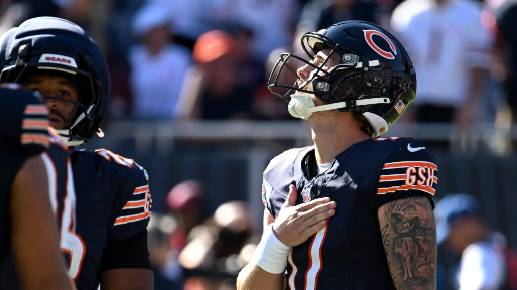 Oct 4, 2026; Chicago, Illinois, USA; Chicago Bears quarterback Tyson Bagent (17) reacts after the game against the New York Jets at Soldier Field. Mandatory Credit: Matt Marton-Imagn Images
