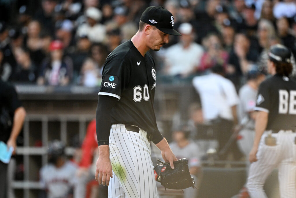 Oct 7, 2026; Chicago, Illinois, USA; Chicago White Sox pitcher Bryan Hudson (60) walks off the field after being relieved during the third inning against the Cleveland Guardians in game three of the ALDS for the 2026 MLB Playoffs at Rate Field.