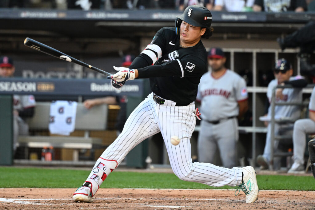 Oct 7, 2026; Chicago, Illinois, USA; Chicago White Sox first baseman Munetaka Murakami (5) strikes out during the third inning against the Cleveland Guardians in game three of the ALDS for the 2026 MLB Playoffs at Rate Field.