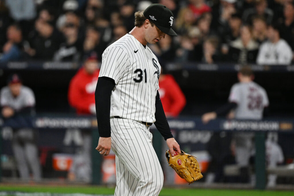 Oct 8, 2026; Chicago, Illinois, USA; Chicago White Sox pitcher Grant Taylor (31) walks off the field during the sixth inning against the Cleveland Guardians in game four of the ALDS for the 2026 MLB Playoffs at Rate Field.