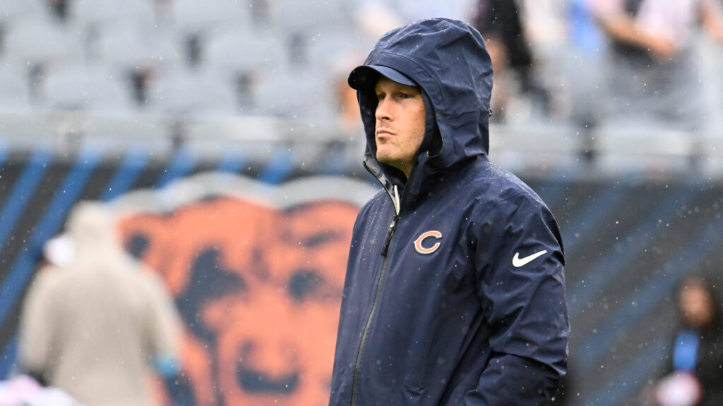 Sep 20, 2026; Chicago, Illinois, USA; Chicago Bears head coach Ben Johnson looks on during warmups before the game against the Minnesota Vikings at Soldier Field. Mandatory Credit: Matt Marton-Imagn Images