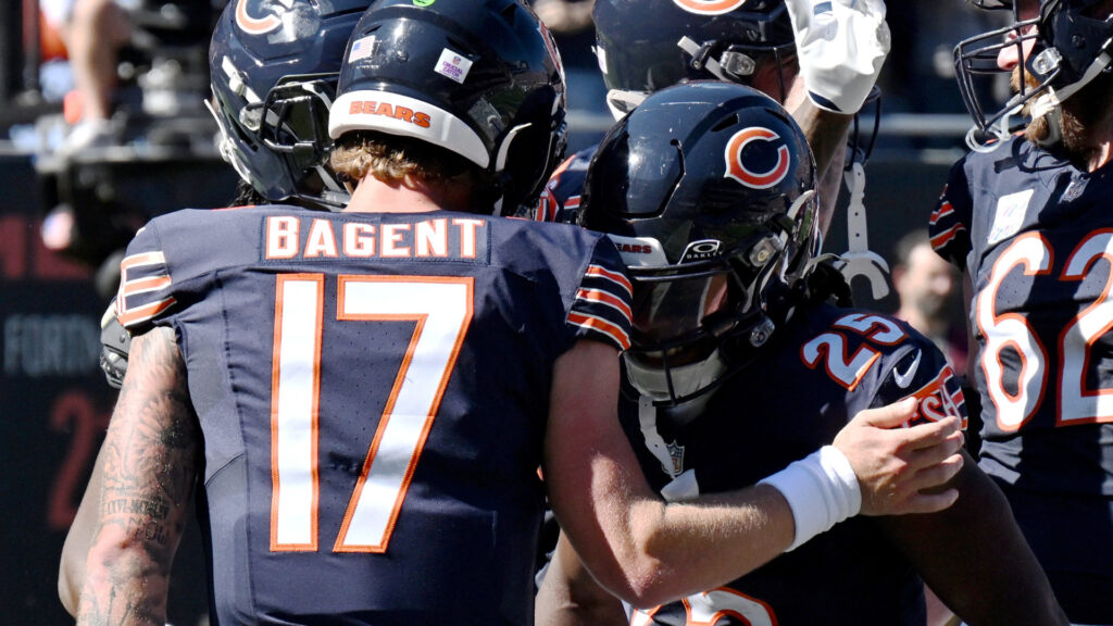 Oct 4, 2026; Chicago, Illinois, USA; Chicago Bears running back Kyle Monangai (25) celebrates with quarterback Tyson Bagent (17) after scoring a touchdown during the first quarter against the New York Jets at Soldier Field. Mandatory Credit: Matt Marton-Imagn Images