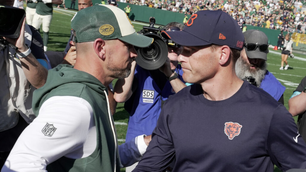 Oct 11, 2026; Green Bay, Wisconsin, USA; Green Bay Packers head coach Matt LaFleur and Chicago Bears head coach Ben Johnson shake hands following the game at Lambeau Field. Mandatory Credit: Wm. Glasheen USAToday Network via IMAGN images