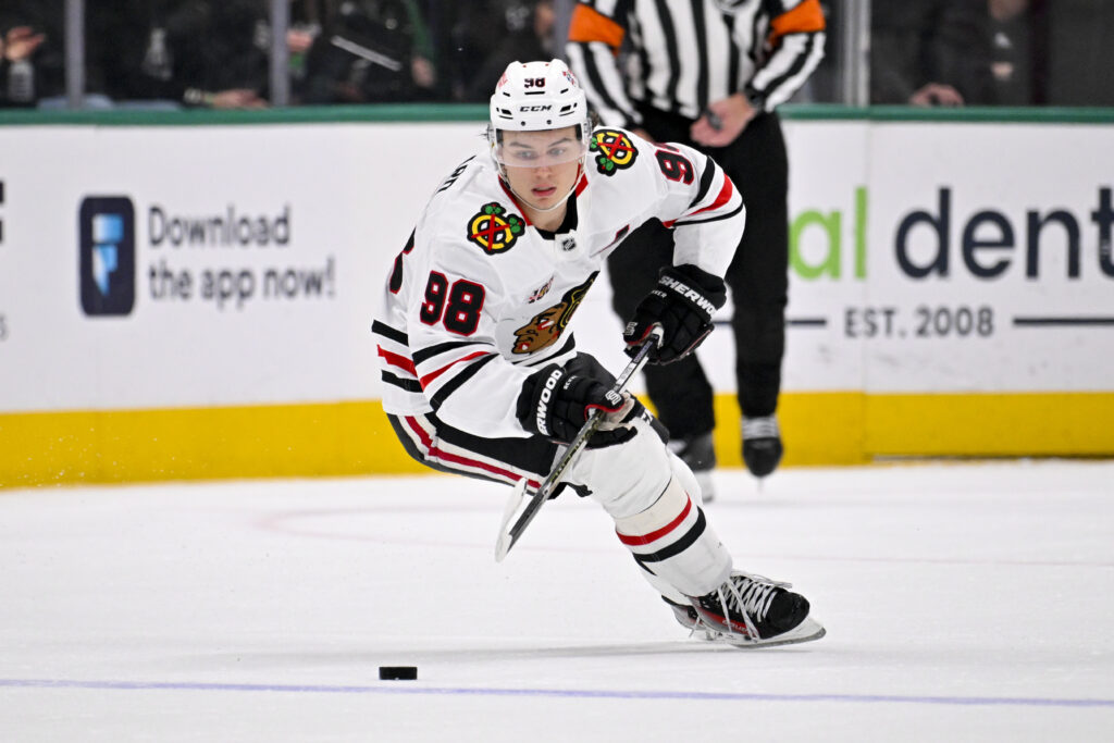 Mar 8, 2026; Dallas, Texas, USA; Chicago Blackhawks center Connor Bedard (98) skates against the Dallas Stars during the game between the Stars and the Blackhawks at American Airlines Center. Mandatory Credit: Jerome Miron-Imagn Images