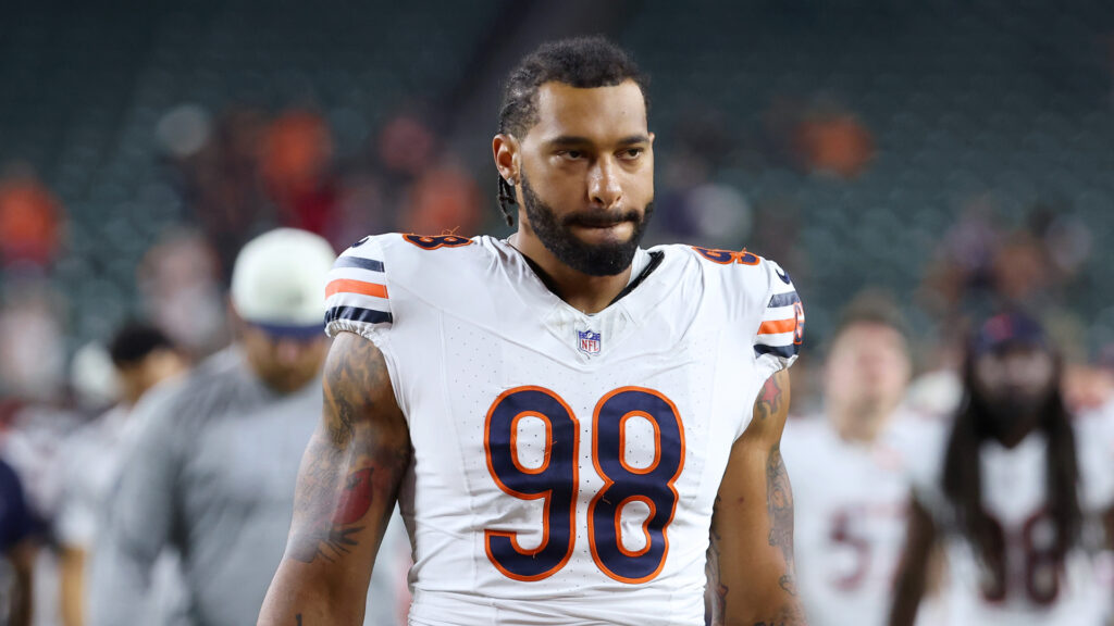 Aug 22, 2026; Cincinnati, Ohio, USA; Chicago Bears defensive end Montez Sweat (98) after a game against the Cincinnati Bengals at Paycor Stadium. Mandatory Credit: Joseph Maiorana-Imagn Images