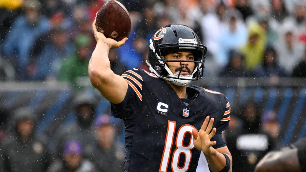Sep 20, 2026; Chicago, Illinois, USA; Chicago Bears quarterback Caleb Williams (18) throws a pass against the Minnesota Vikings during the first quarter at Soldier Field. Mandatory Credit: Matt Marton-Imagn Images