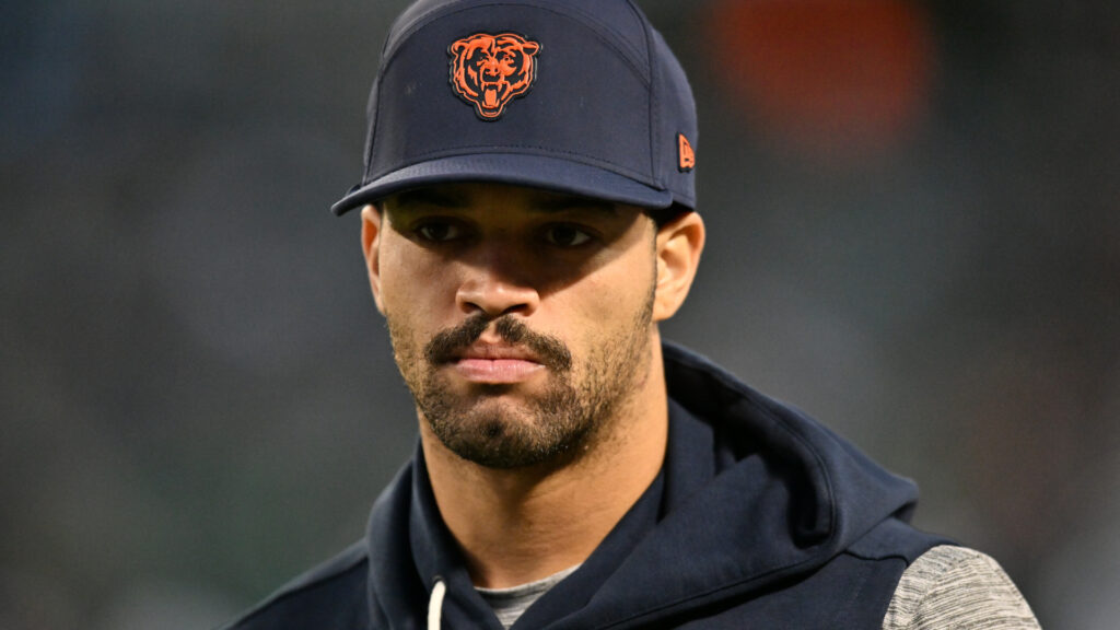 Sep 28, 2026; Chicago, Illinois, USA; Chicago Bears quarterback Caleb Williams (18) looks on before the game against the Philadelphia Eagles at Soldier Field. Mandatory Credit: Patrick Gorski-Imagn Images