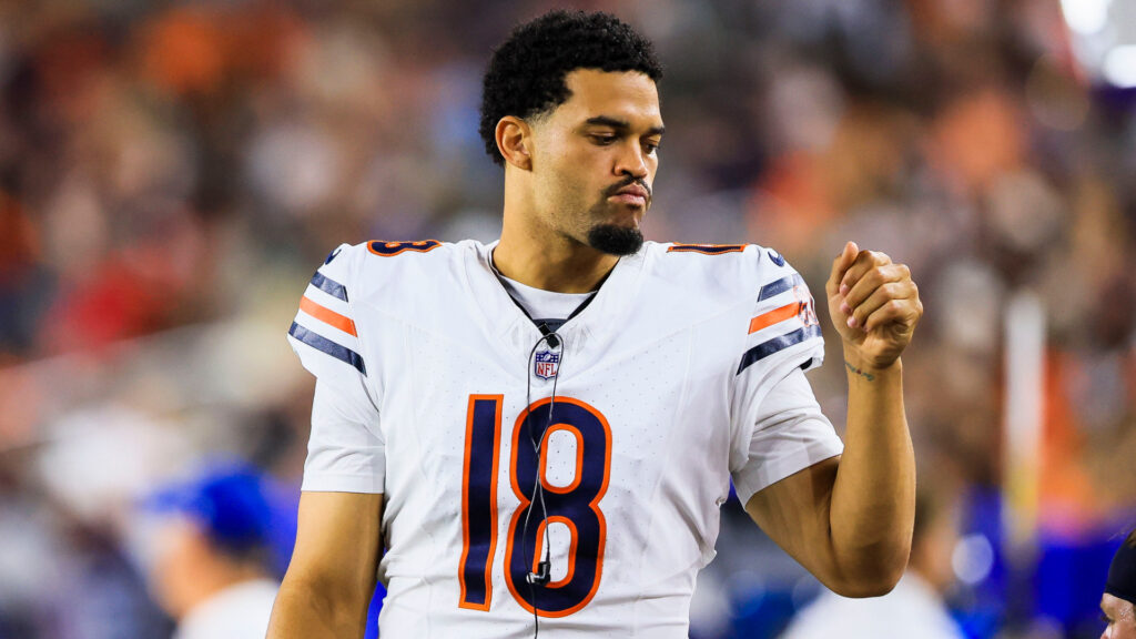 Aug 22, 2026; Cincinnati, Ohio, USA; Chicago Bears quarterback Caleb Williams (18) stands on the sidelines during the second half in the game against the Cincinnati at Paycor Stadium. Mandatory Credit: Katie Stratman-Imagn Images