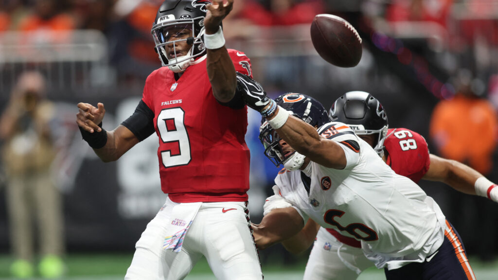 Oct 18, 2026; Atlanta, Georgia, USA; Chicago Bears defensive back Kyler Gordon (6) strips the ball from Atlanta Falcons quarterback Michael Penix Jr. (9) during the third quarter at Mercedes-Benz Stadium. Mandatory Credit: Brett Davis-Imagn Images