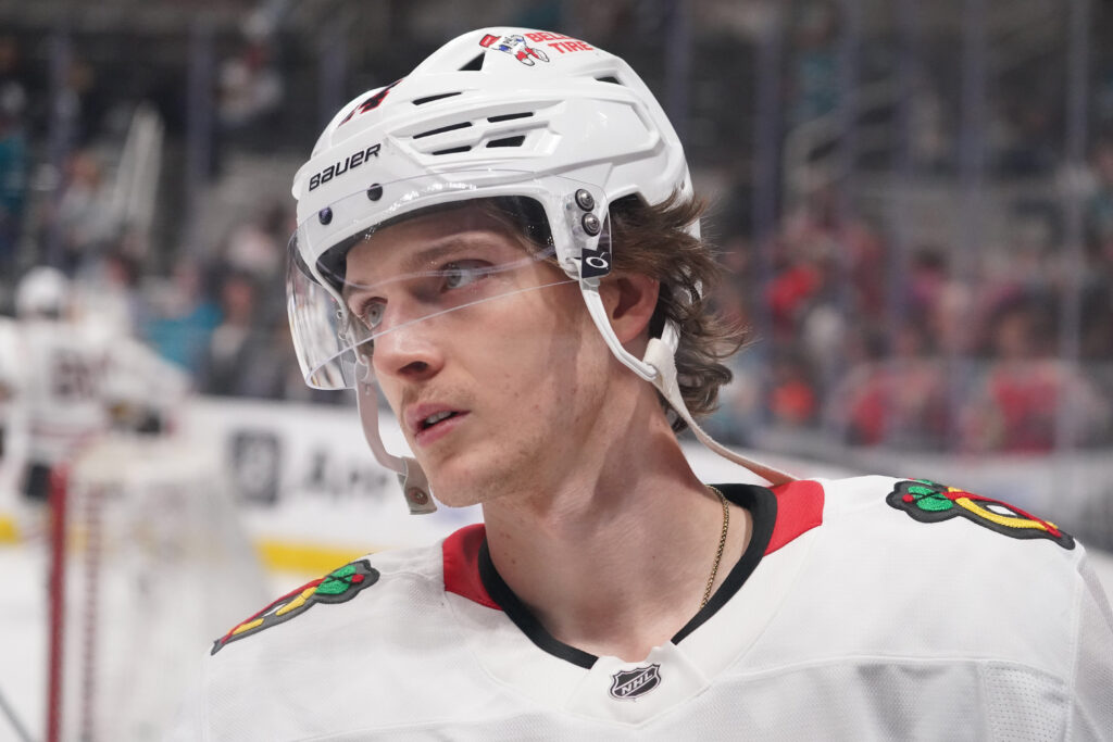 Apr 6, 2026; San Jose, California, USA; Chicago Blackhawks defenseman Kevin Korchinski (14) warms up before the game against the San Jose Sharks at SAP Center at San Jose. Mandatory Credit: David Gonzales-Imagn Images