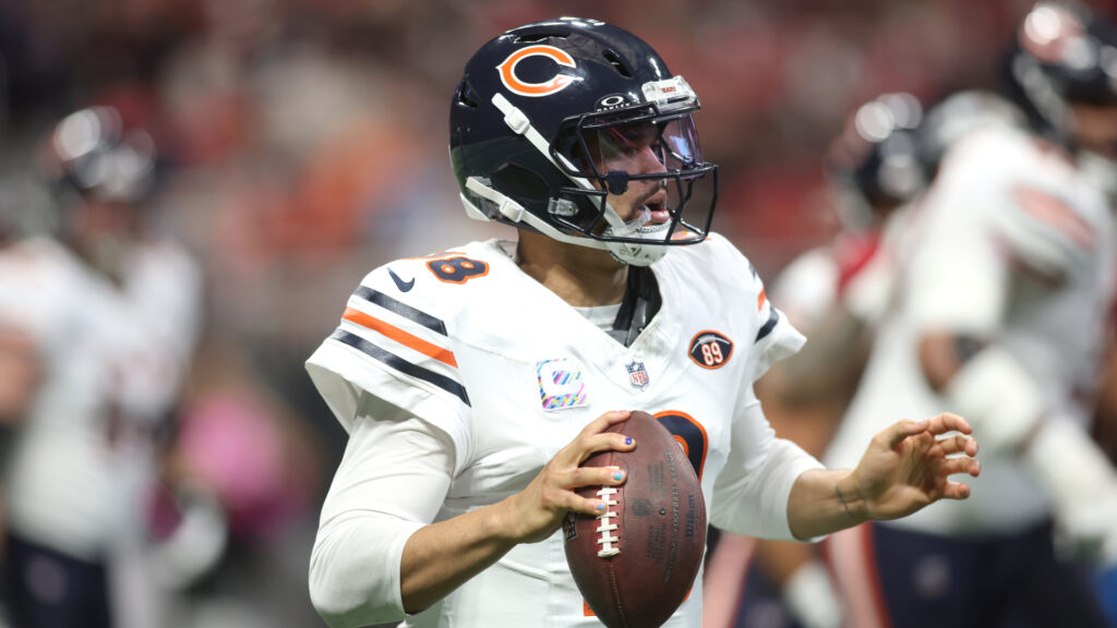 Oct 18, 2026; Atlanta, Georgia, USA; Chicago Bears quarterback Caleb Williams (18) eludes the Atlanta Falcons rush during the second quarter at Mercedes-Benz Stadium. Mandatory Credit: Brett Davis-Imagn Images