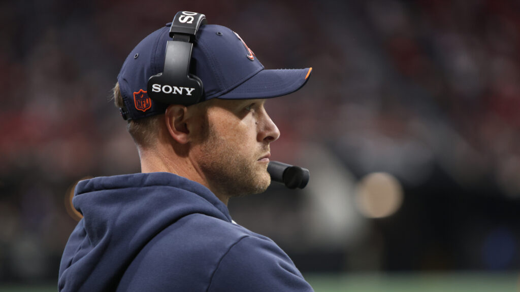 Oct 18, 2026; Atlanta, Georgia, USA; Chicago Bears head coach Ben Johnson looks on during the fourth quarter against the Atlanta Falcons at Mercedes-Benz Stadium. Mandatory Credit: Brett Davis-Imagn Images