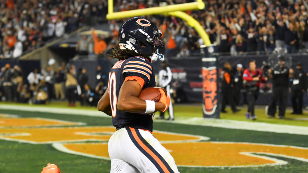 Oct 22, 2026; Chicago, Illinois, USA; Chicago Bears wide receiver Luther Burden III (10) runs for a touchdown against the New England Patriots at Soldier Field. Mandatory Credit: Patrick Gorski-Imagn Images