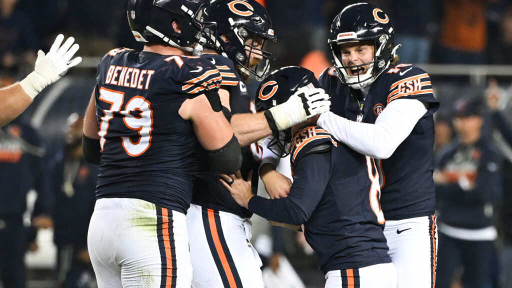 Oct 22, 2026; Chicago, Illinois, USA; Chicago Bears place kicker Cairo Santos (8) celebrates with teammates after making a field goal against the New England Patriots during the fourth quarter at Soldier Field. Mandatory Credit: Matt Marton-Imagn Images