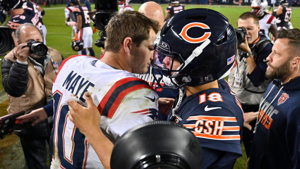 Oct 22, 2026; Chicago, Illinois, USA; New England Patriots quarterback Drake Maye (10) and Chicago Bears quarterback Caleb Williams (18) hug after the game at Soldier Field. Mandatory Credit: Patrick Gorski-Imagn Images
