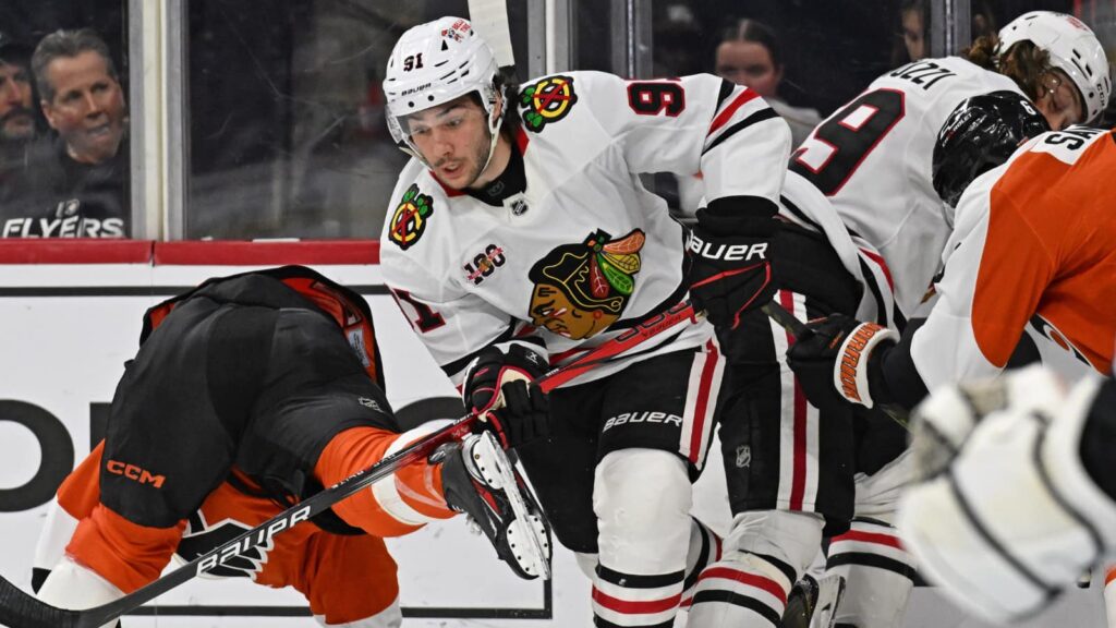 Mar 26, 2026; Philadelphia, Pennsylvania, USA; Chicago Blackhawks center Frank Nazar (91) skates with the puck against the Philadelphia Flyers during the second period at Xfinity Mobile Arena.