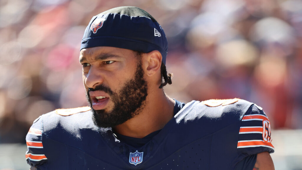 Oct 4, 2026; Chicago, Illinois, USA; Chicago Bears defensive line Montez Sweat (98) after the game against the New York Jets at Soldier Field. Mandatory Credit: Mike Dinovo-Imagn Images