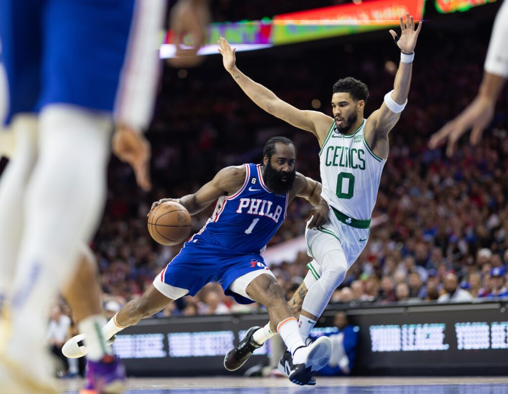 James Harden driving at Jayson Tatum