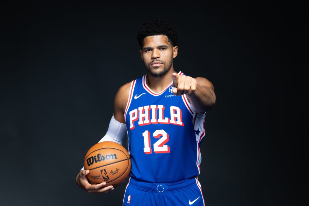Tobias Harris pointing at the camera.