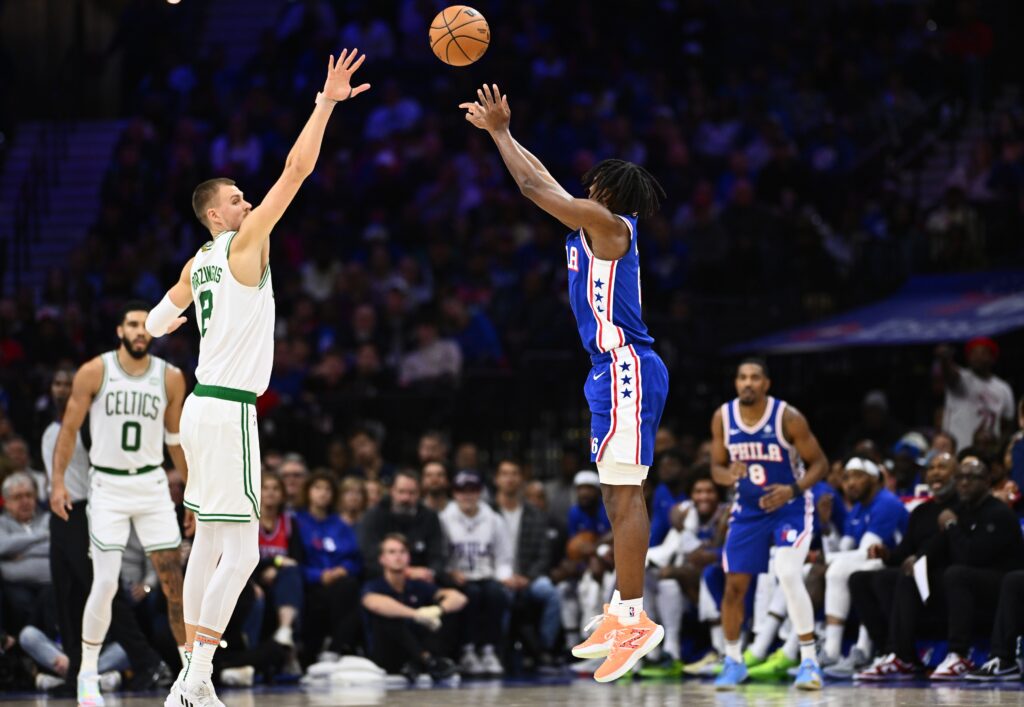 Maxey shooting a jumper.