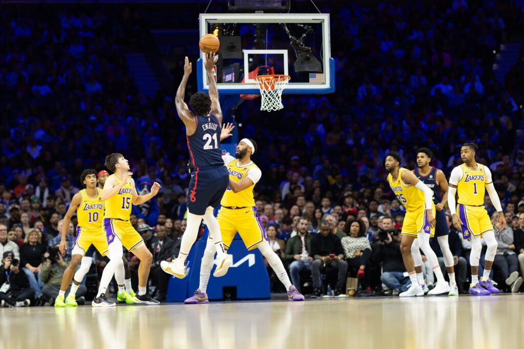 Joel Embiid makes jumper over Anthony Davis.