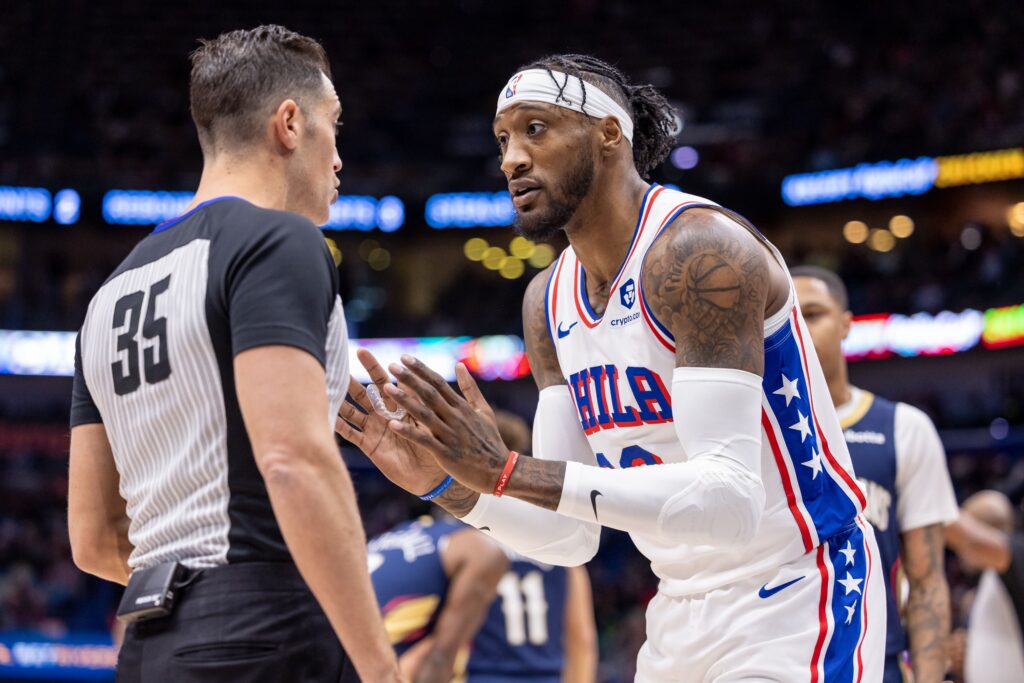 Robert Covington argues with an official.