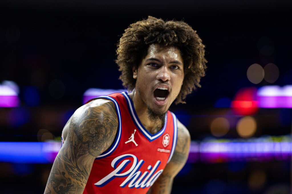 Kelly Oubre celebrating an easy Sixers win.