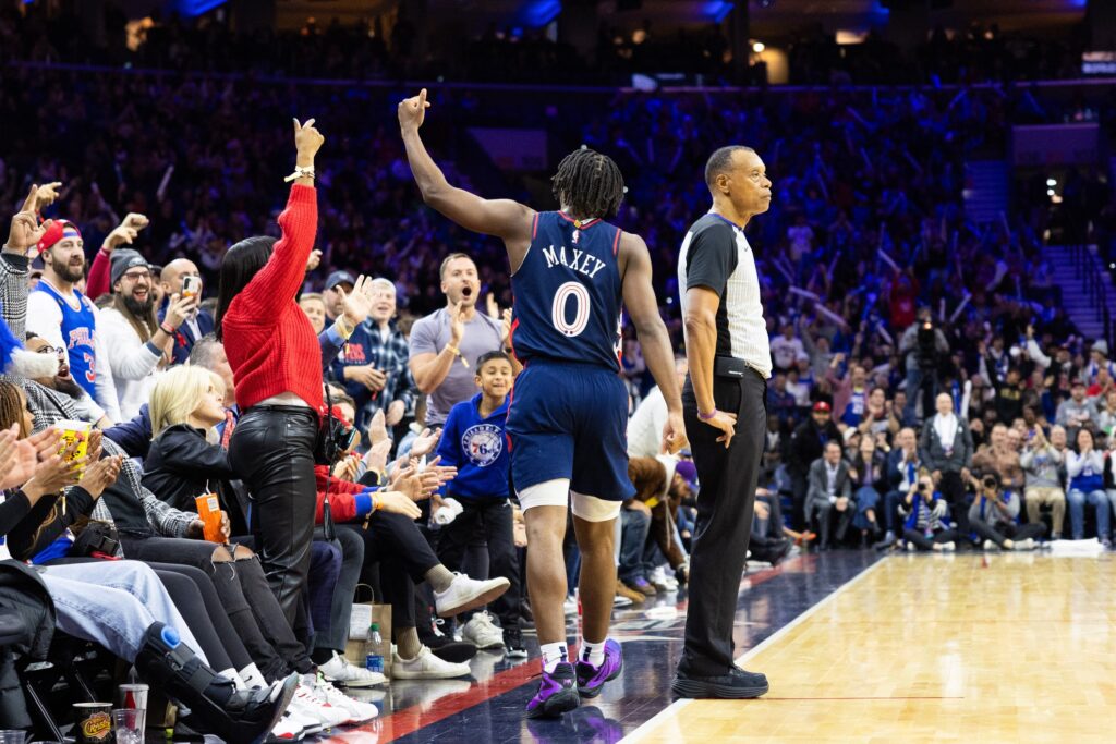Tyrese Maxey celebrates a Sixers victory against the Minnesota Timberwolves.