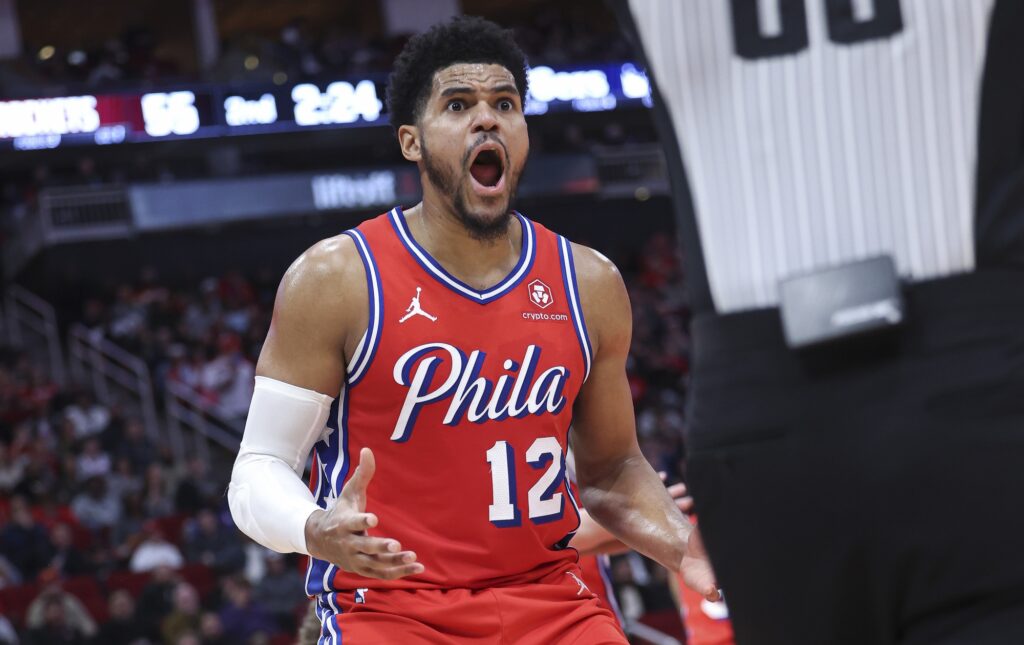Tobias Harris is surprised about something in a game against the Houston Rockets.