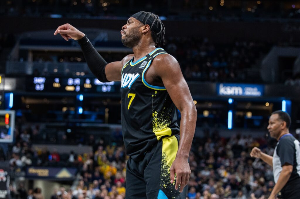 Buddy Hield celebrating in a Pacers jersey.